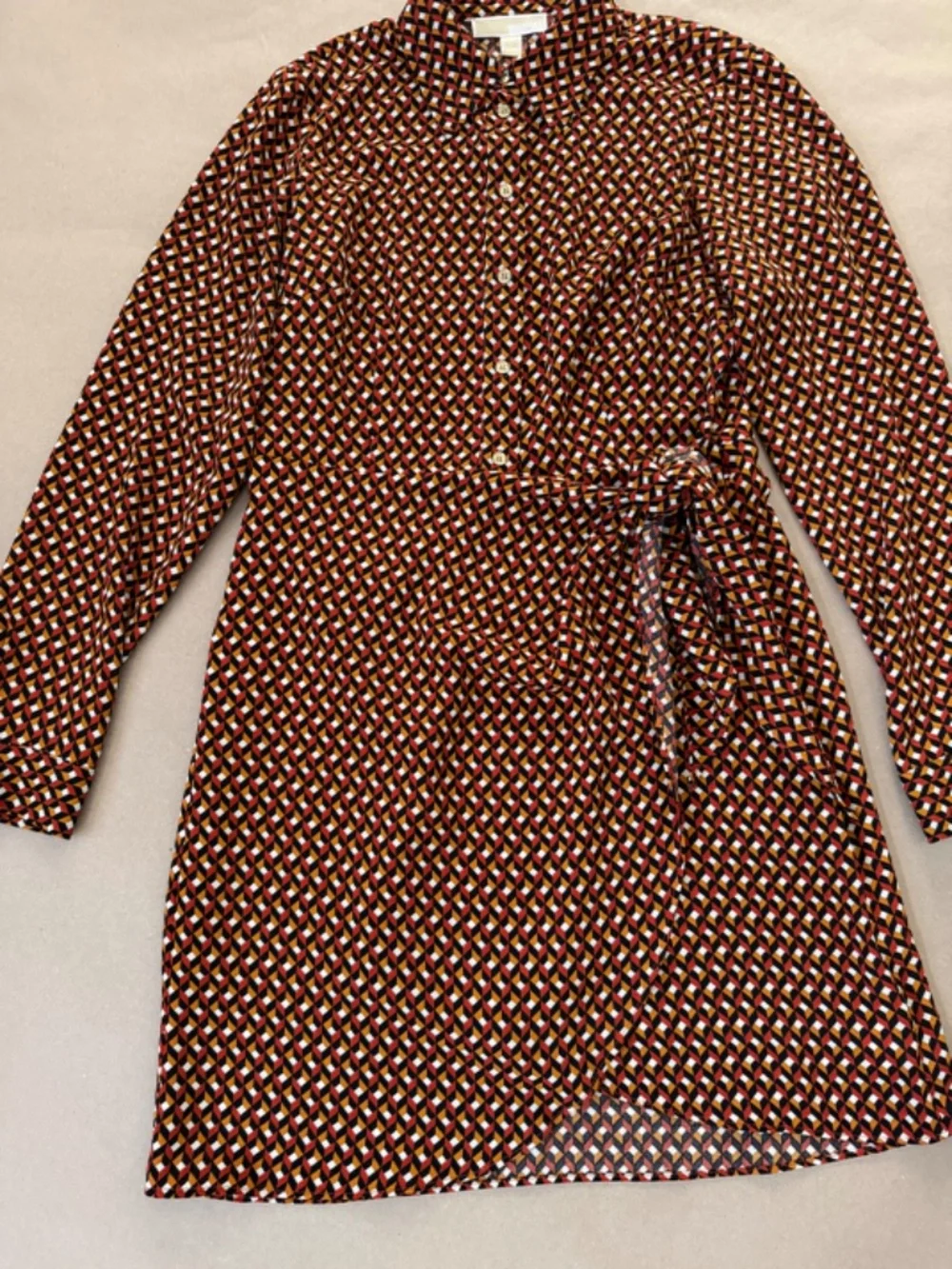 Michael Kors Geometric Print Shirt Dress Tie Waist Long Sleeve Brown